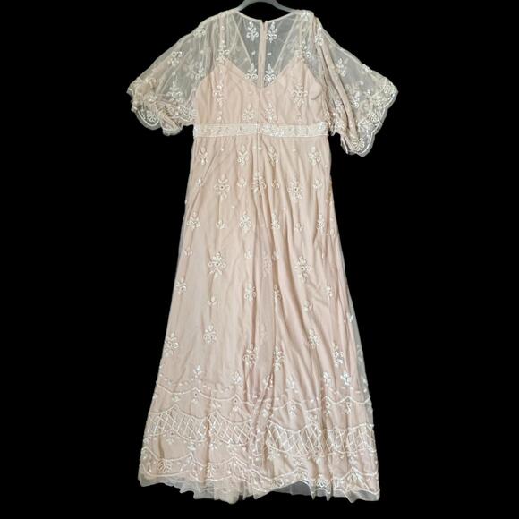 Mac Duggal NWT V-Neck Illusion Flutter Sleeve Embroidered Mesh Sheath Gown - 14 - Picture 8 of 11